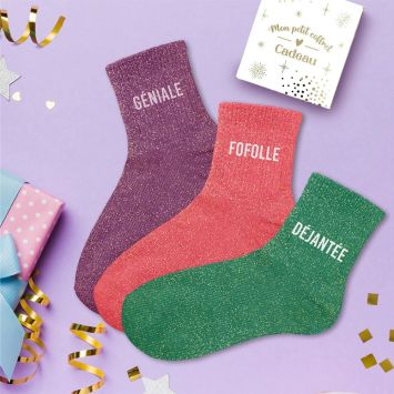 Coffret Trio de chaussettes à paillettes pour femme - Géniale, Fofolle et Déjantée - Collection Famille d'Amour