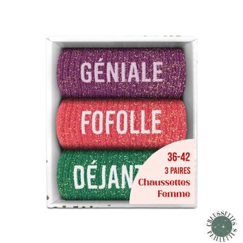 Coffret Trio de chaussettes à paillettes pour femme - Géniale, Fofolle et Déjantée - Collection Famille d'Amour
