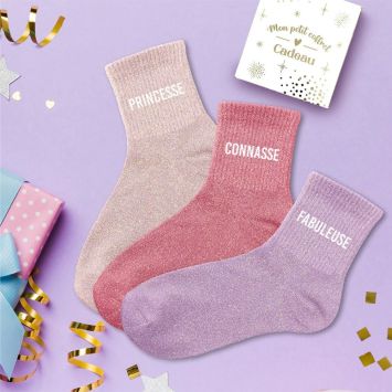 Coffret Trio de chaussettes à paillettes pour femme - Princesse, Connasse et Fabuleuse - Collection Famille d'Amour