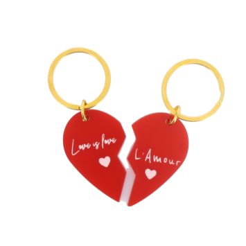 2 porte-clés en forme de demi-cœur en plexiglas "Love is love / L'Amour" - 2,5 x 4,5 cm - Saint-Valentin