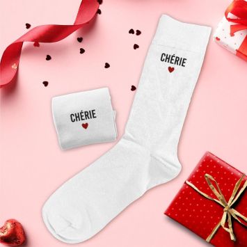 Paire de chaussettes blanches pour femme - Saint-Valentin - Collection Chéri Chérie