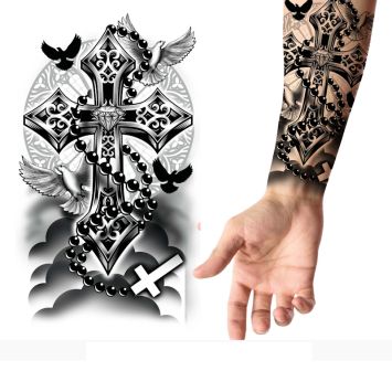 Tatouage temporaire de croix et colombes avec chapelet 14x30 cm | jourdefete.com