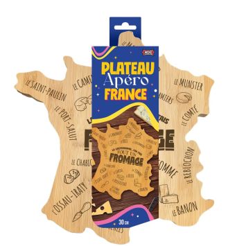 Plateau apéro en forme de carte de France avec fromages régionaux illustrés | jourdefete.com
