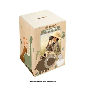 Tirelire enfant personnalisable thème explorateur avec dinosaures et photo | jourdefete.com
