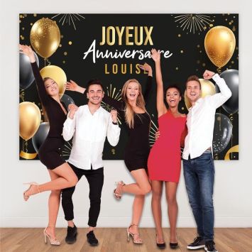 Toile murale personnalisable dorée - 1,50 x 2,10 m - Joyeux Anniversaire