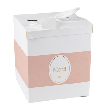 Urne "Merci" - 21 x 21 x 25 cm - Collection Baptême Blanc et Or - Couleur au choix