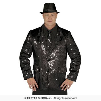 Homme portant une veste noire à sequins brillants avec chemise, cravate et chapeau assortis.