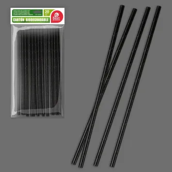 20 pailles noires en carton biodégradable - 19,7 x 0,6 cm
