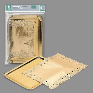Plateau rectangulaire avec dentelle doré - 34 x 25 cm
