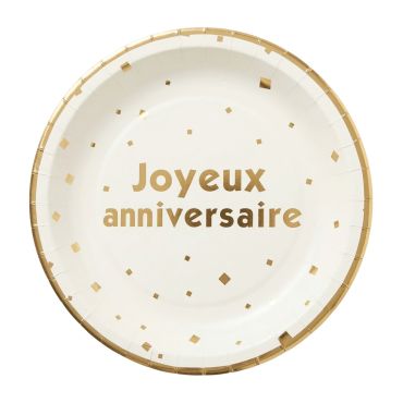 Assiettes en carton blanches avec détails dorés Joyeux Anniversaire | jourdefete.com Assiettes en carton blanches avec détails dorés Joyeux Anniversaire | jourdefete.com
