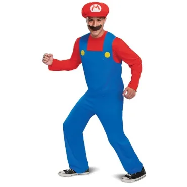 Costume adulte inspiré du célèbre héros moustachu en salopette bleue et haut rouge | jourdefete.com