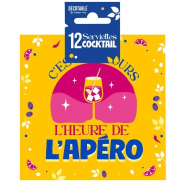 Serviettes cocktail jaunes "C'est toujours l'heure de l'Apéro" avec motif de verre et fruits | jourdefete.com