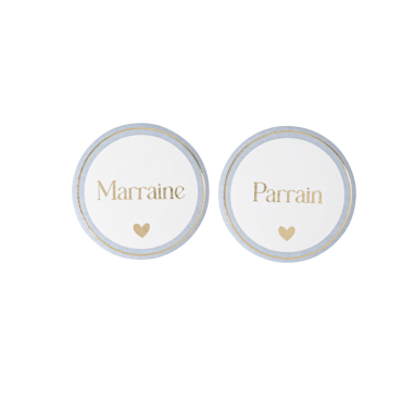 Badges "Marraine" et "Parrain" bleu orage, blanc et or pour baptême | jourdefete.com Badges "Marraine" et "Parrain" bleu orage, blanc et or pour baptême | jourdefete.com