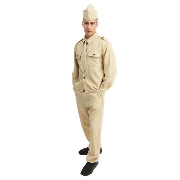 Homme portant un déguisement de soldat américain beige avec calot militaire et cravate | jourdefete.com Homme portant un déguisement de soldat américain beige avec calot militaire et cravate | jourdefete.com