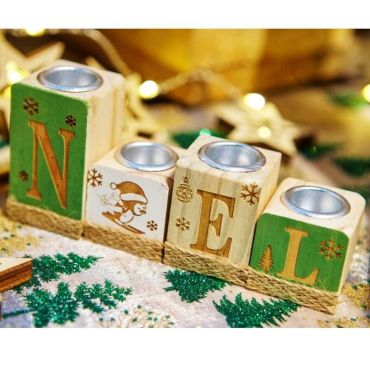 Bougeoir Noël - Bois - Petits cubes Vert et Blanc Bougeoir Noël - Bois - Petits cubes Vert et Blanc