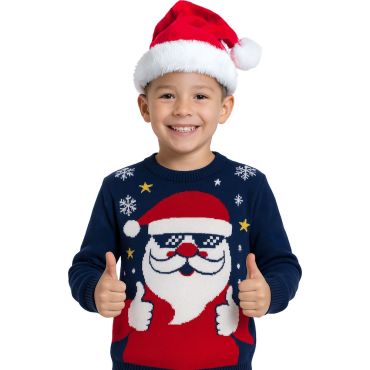 Enfant portant un pull de Noël bleu marine avec Père Noël stylisé et bonnet rouge | jourdefete.com Enfant portant un pull de Noël bleu marine avec Père Noël stylisé et bonnet rouge | jourdefete.com