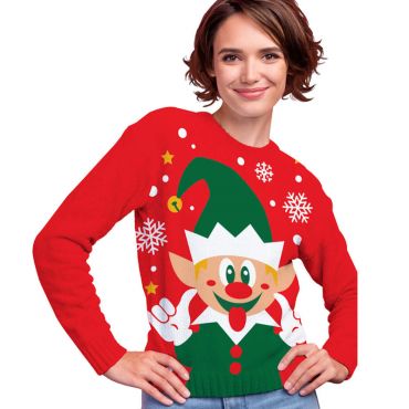 Pull moche de Noël Lutin farceur femme avec décor festif | jourdefete.com Pull moche de Noël Lutin farceur femme avec décor festif | jourdefete.com