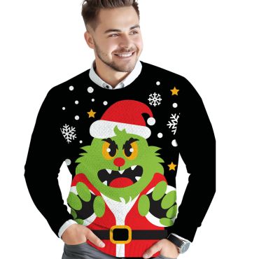 Pull de Noël noir et rouge avec monstre vert espiègle pour homme | jourdefete.com Pull de Noël noir et rouge avec monstre vert espiègle pour homme | jourdefete.com