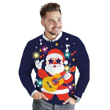 Pull moche de Noël bleu marine lumineux avec motif Père Noël guitariste rock | jourdefete.com
