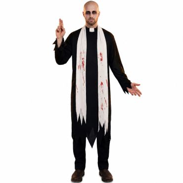Déguisement homme prêtre ensanglanté avec étole blanche et col clérical pour Halloween | jourdefete.com