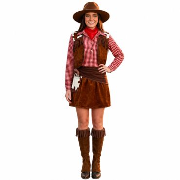 Femme portant un déguisement de cowgirl avec jupe, gilet à franges et chemise à carreaux | jourdefete.com Femme portant un déguisement de cowgirl avec jupe, gilet à franges et chemise à carreaux | jourdefete.com
