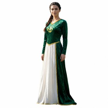 Femme vêtue d'une longue robe verte et blanche de dame médiévale avec fleur de lys dorée | jourdefete.com Femme vêtue d'une longue robe verte et blanche de dame médiévale avec fleur de lys dorée | jourdefete.com
