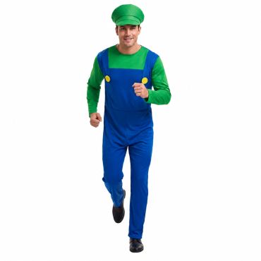 Homme souriant portant un déguisement de plombier vert et bleu composé d'une combinaison et d'une casquette | jourdefete.com