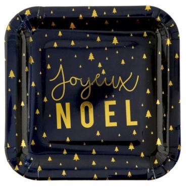 Sachet de 10 Assiettes "Joyeux Noël" - Bleu Nuit Floqué Or Sachet de 10 Assiettes "Joyeux Noël" - Bleu Nuit Floqué Or