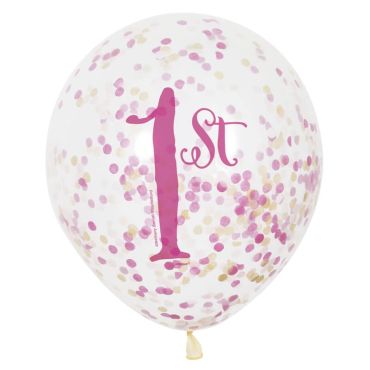 6 Ballons "1st" Roses à confettis