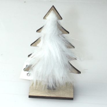 Décoration à Poser Noël - Bois - Sapin avec Fourrure Blanche