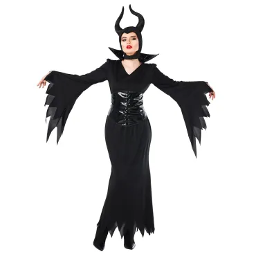 Femme portant un déguisement noir de fée maléfique avec de grandes cornes pour Halloween | jourdefete.com