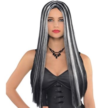 Perruque Femme - Vieille Sorcière - Noire avec Mèches Blanches