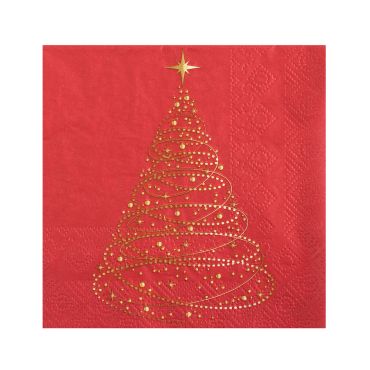 Serviette de table rouge avec sapin de Noël doré étincelant 25x25 cm par 20 | jourdefete.com