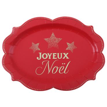 Lot de 2 plateaux festonnes Joyeux Noel rouge et or 36x26cm | jourdefete.com