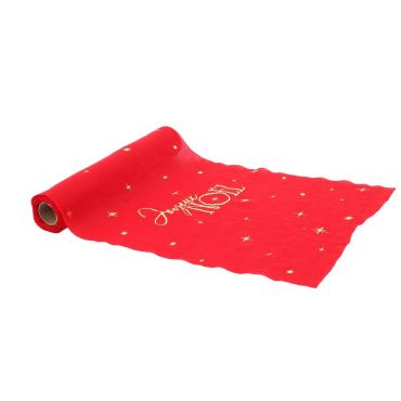 Chemin de table Joyeux Noël rouge en mousseline et motifs dorés | jourdefete.com Chemin de table Joyeux Noël rouge en mousseline et motifs dorés | jourdefete.com