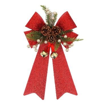 Nœud de Noël pailleté rouge avec pommes de pin et branchages décoratifs | jourdefete.com Nœud de Noël pailleté rouge avec pommes de pin et branchages décoratifs | jourdefete.com