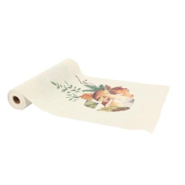 Chemin de table beige effet lin avec motifs champignons et feuilles d’automne | jourdefete.com