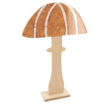 Champignon décoratif en bois laqué orange et blanc avec paillettes dorées sur socle | jourdefete.com