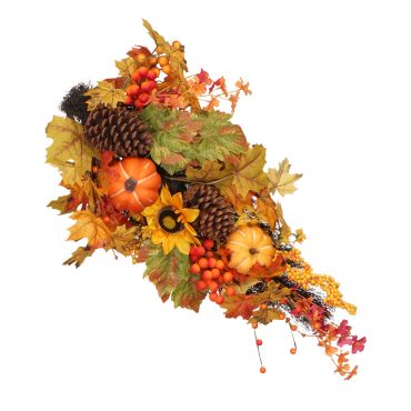 Suspension ou centre de table automnal avec citrouilles tournesols et pommes de pin 70 cm | jourdefete.com