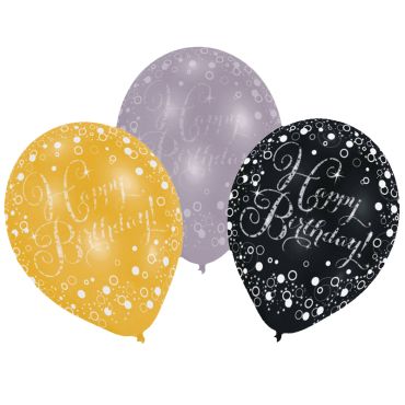 6 Ballons de Baudruche "Happy Birthday" - Argent / Noir / Doré 6 Ballons de Baudruche "Happy Birthday" - Argent / Noir / Doré