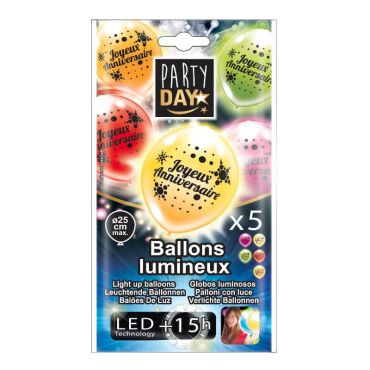 5 ballons LED joyeux anniversaire de 25cm | jourdefete.com