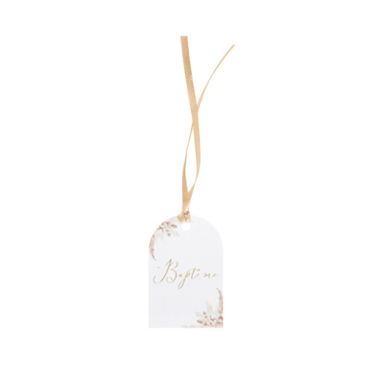 étiquette avec ruban de satin taupe en carton de la Collection Pampas, Fleurs de Coton et Or