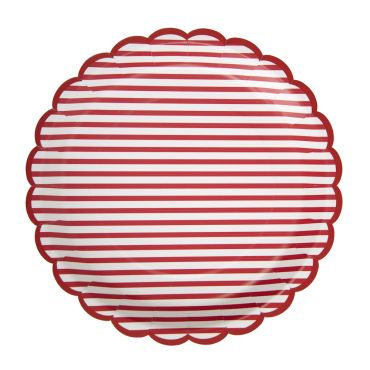 Assiettes en carton festonnée à rayures bayadère rouges et blanches pour décoration de fête | jourdefete.com Assiettes en carton festonnée à rayures bayadère rouges et blanches pour décoration de fête | jourdefete.com
