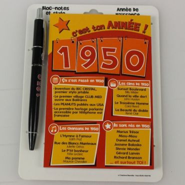 Bloc-notes et Stylo Année de naissance 1950 Bloc-notes et Stylo Année de naissance 1950