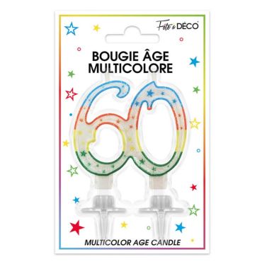 Bougie d'anniversaire âge 60 ans multicolore Bougie d'anniversaire âge 60 ans multicolore