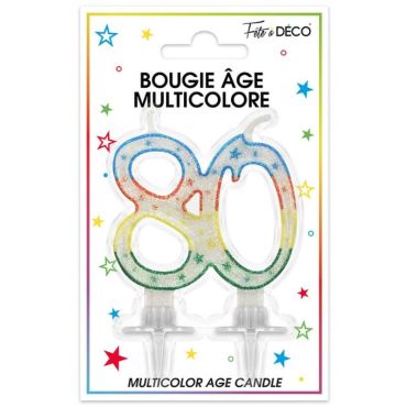 Bougie d'anniversaire âge 80 ans multicolore Bougie d'anniversaire âge 80 ans multicolore