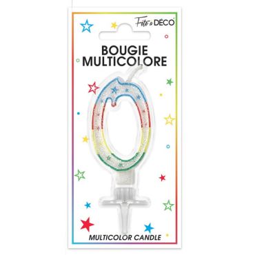 Bougie d'anniversaire multicolore chiffre 0 Bougie d'anniversaire multicolore chiffre 0