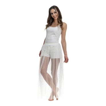 Femme souriante portant la jupe longue transparente blanche à paillettes Summer Festival | jourdefete.com Femme souriante portant la jupe longue transparente blanche à paillettes Summer Festival | jourdefete.com