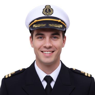 Homme portant une casquette d’officier marin blanche avec broderies dorées | jourdefete.com