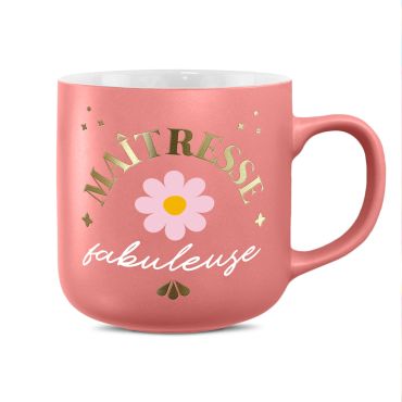 Mug rose mat avec inscription dorée Maîtresse fabuleuse et motif fleur pour cadeau de fin d'année | jourdefete.com